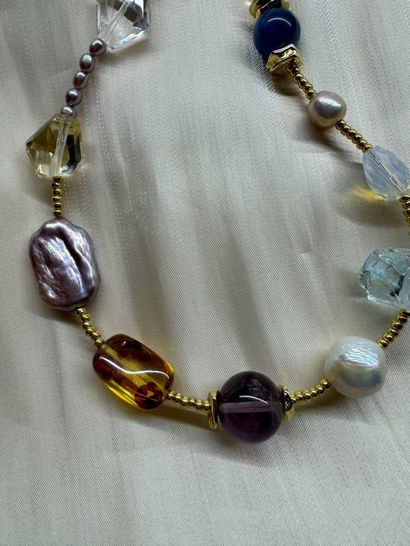 #PN458 Quartz Assembly |Freshwater Pearl Necklace |Baroque Pearl |Coin, Square Shaped|Amber|Purple, White, Blue Quartz |Blue Apatite |Opal Stone|Baby Purple Pearl