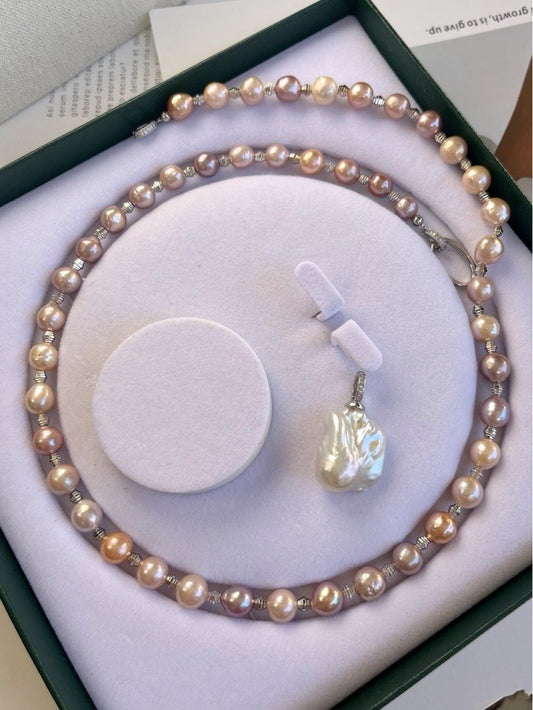 #PN475 Queens Style| Freshwater Pearl Necklace |Lustrous Edison Pearl|Mixed Colours|Big Removable Baroque Pearl Pendant