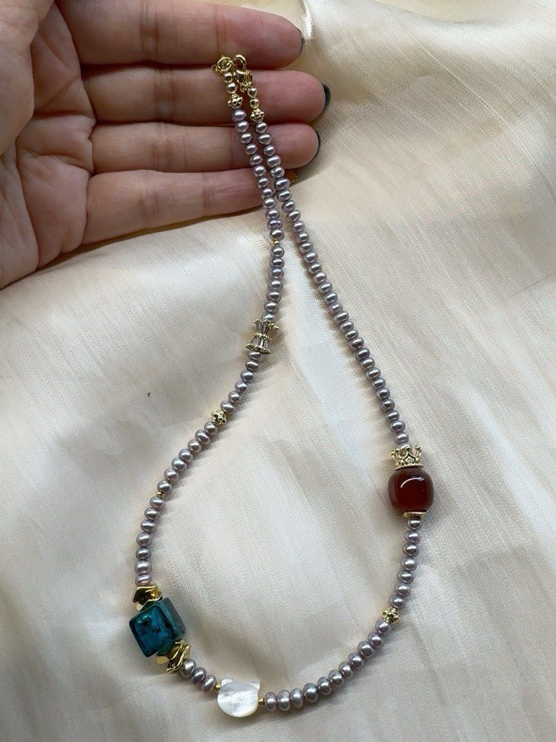 #PN453 Red Crown |Freshwater Pearl Necklace |Red Agate|Mother of Pearl MOP Kitty Head|Baby Lustrous Pearl |Purple Baroque