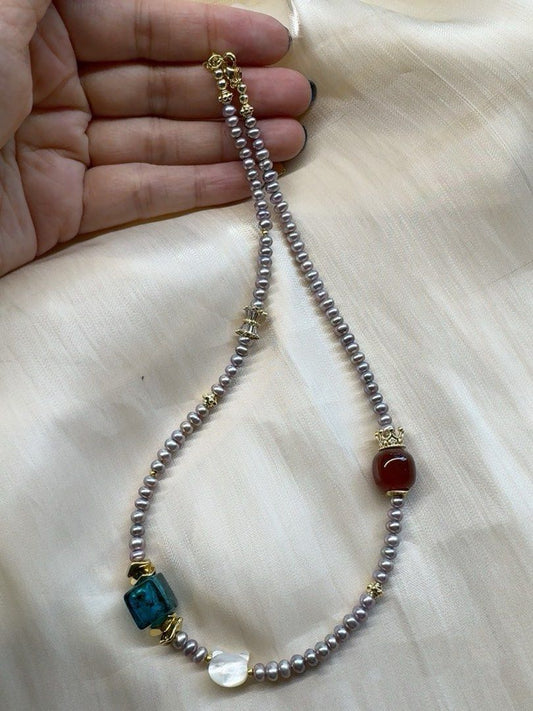 #PN453 Red Crown |Freshwater Pearl Necklace |Red Agate|Mother of Pearl MOP Kitty Head|Baby Lustrous Pearl |Purple Baroque