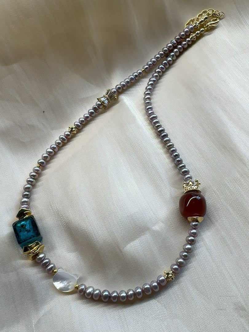 #PN453 Red Crown |Freshwater Pearl Necklace |Red Agate|Mother of Pearl MOP Kitty Head|Baby Lustrous Pearl |Purple Baroque