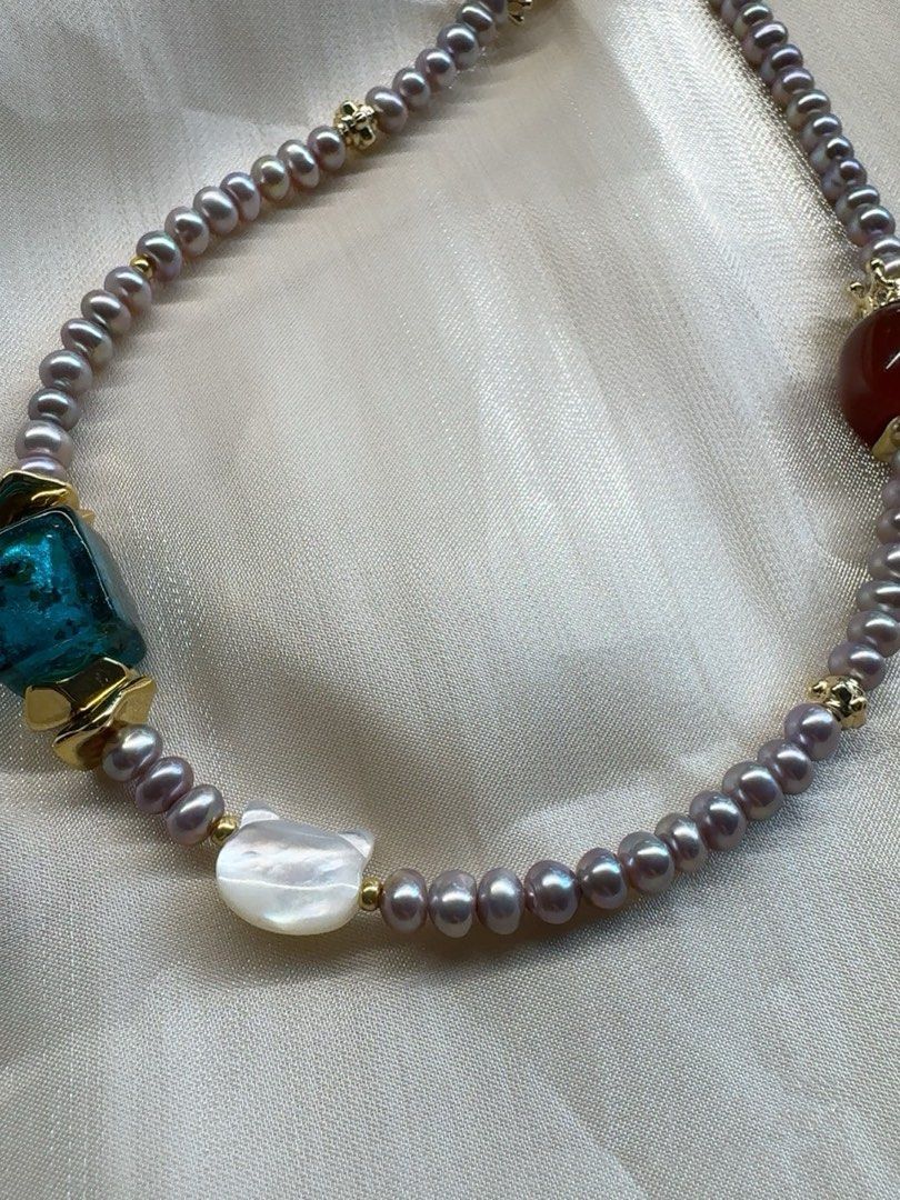 #PN453 Red Crown |Freshwater Pearl Necklace |Red Agate|Mother of Pearl MOP Kitty Head|Baby Lustrous Pearl |Purple Baroque