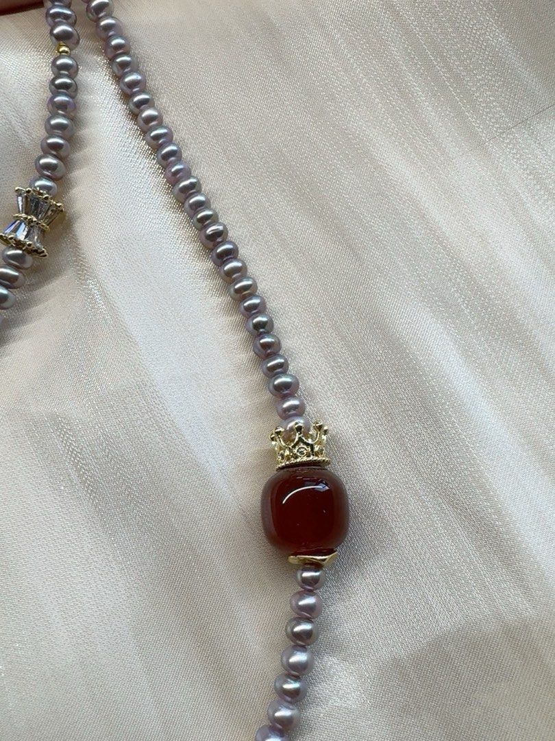#PN453 Red Crown |Freshwater Pearl Necklace |Red Agate|Mother of Pearl MOP Kitty Head|Baby Lustrous Pearl |Purple Baroque