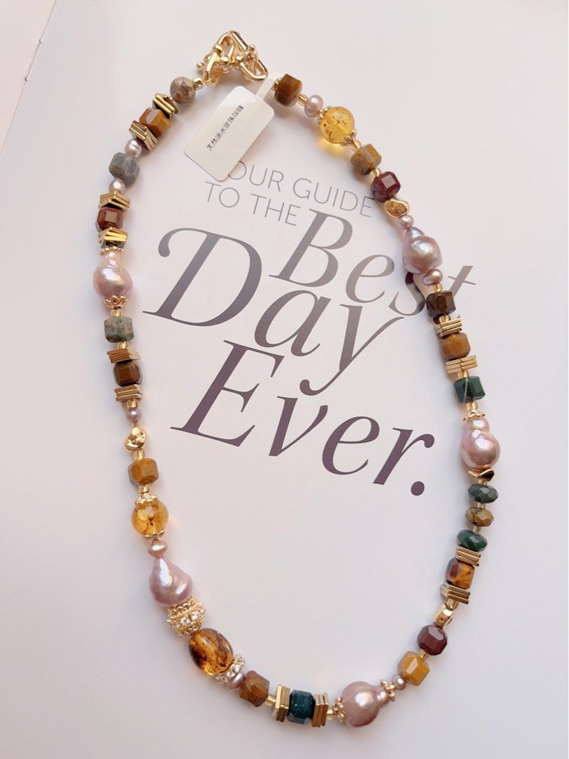 #PN506 Retro Funk|Freshwater Pearl Necklace | Gourd Shaped Baroque Pearl |Agate|Beeswax