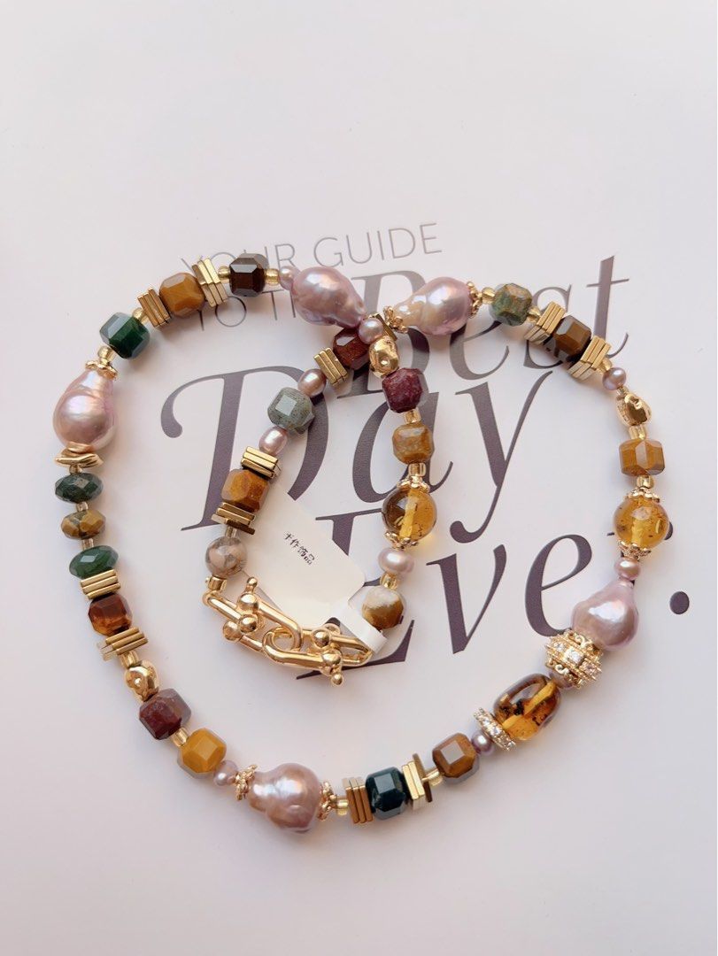 #PN506 Retro Funk|Freshwater Pearl Necklace | Gourd Shaped Baroque Pearl |Agate|Beeswax