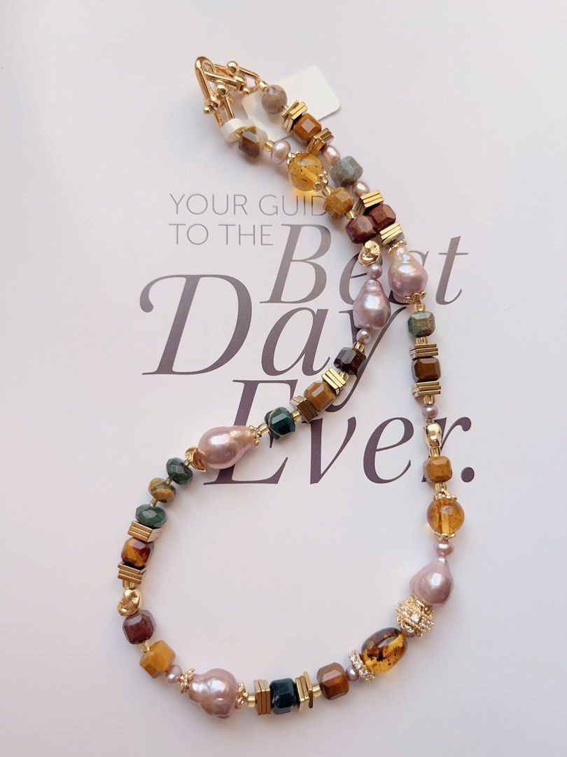 #PN506 Retro Funk|Freshwater Pearl Necklace | Gourd Shaped Baroque Pearl |Agate|Beeswax