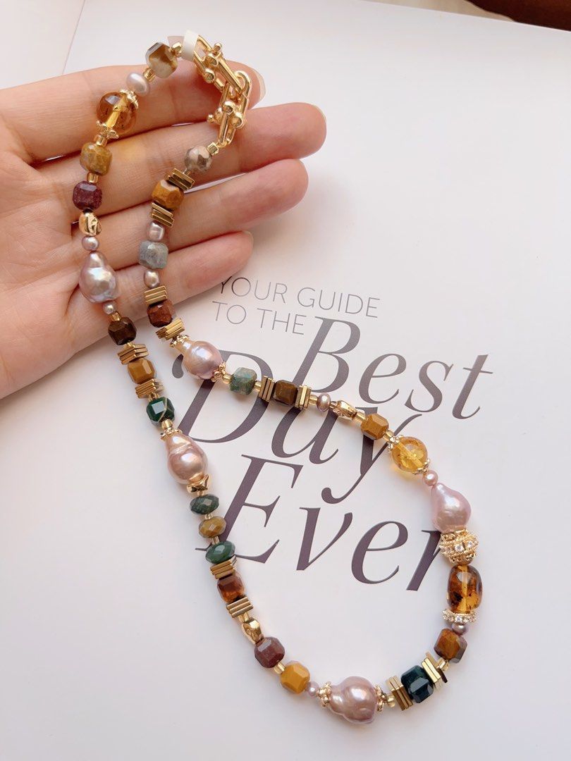 #PN506 Retro Funk|Freshwater Pearl Necklace | Gourd Shaped Baroque Pearl |Agate|Beeswax