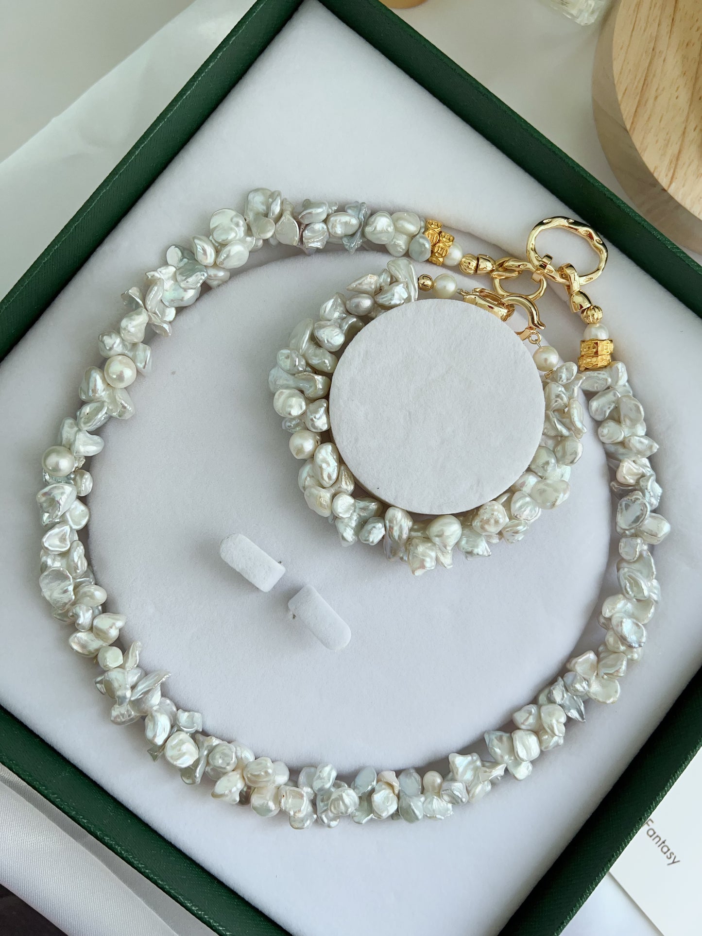 #PN1245 Freshwater Pearl Necklace & Bracelet Set 19cm 47cm caterpillar design blue grey Lustre can connect to wear double-end clasp bracelet butterfly irregular Pearl