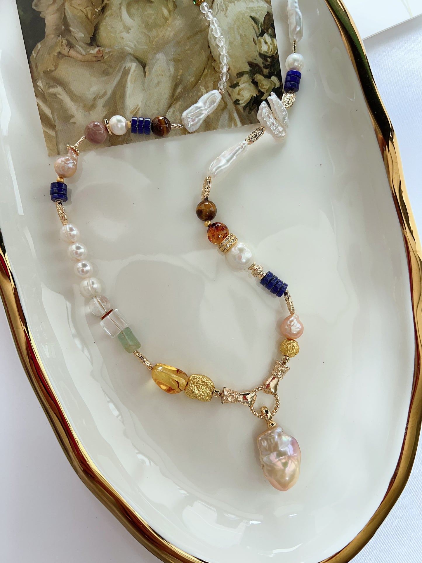 #PN1263 Freshwater pearl necklace 65cm amber fluorite detachable pendant fishtail baroque pearl lapis lazuli