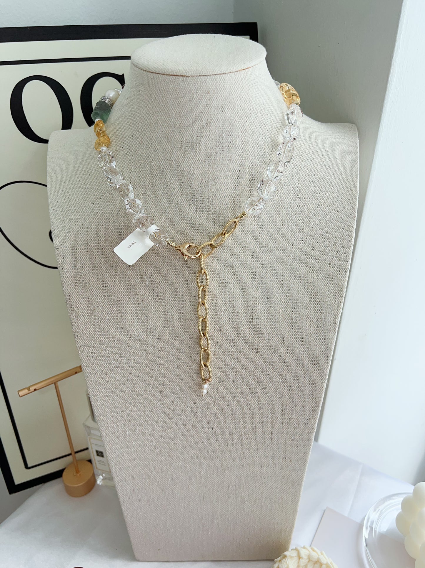 #PN1257 Freshwater pearl necklace 38+12cm clear quartz freeform carved fluorite amethyst irregular baroque