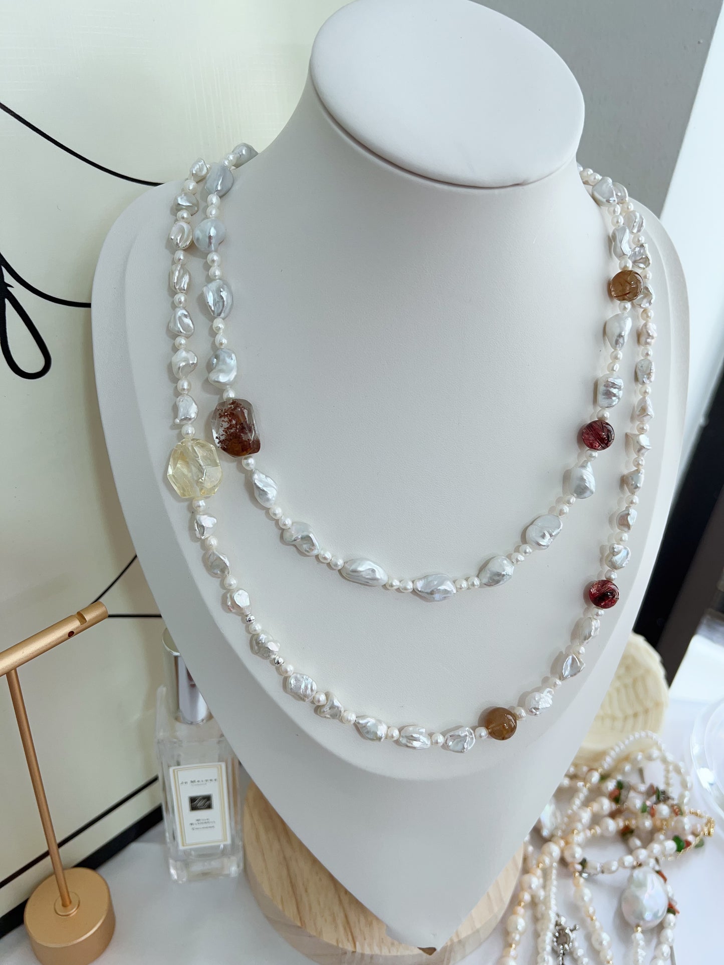 #PN1272 Freshwater pearl necklace silver stone irregular pearls silver lustre red rutile citrine freeform hematoid freeform 48cm 57cm