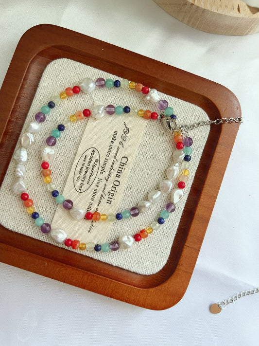 #PN1267 Freshwater pearl necklace & bracelet set rainbow design agate prehnite beeswax lapis lazuli amazonite amethyst irregular lustrous stone pearl
