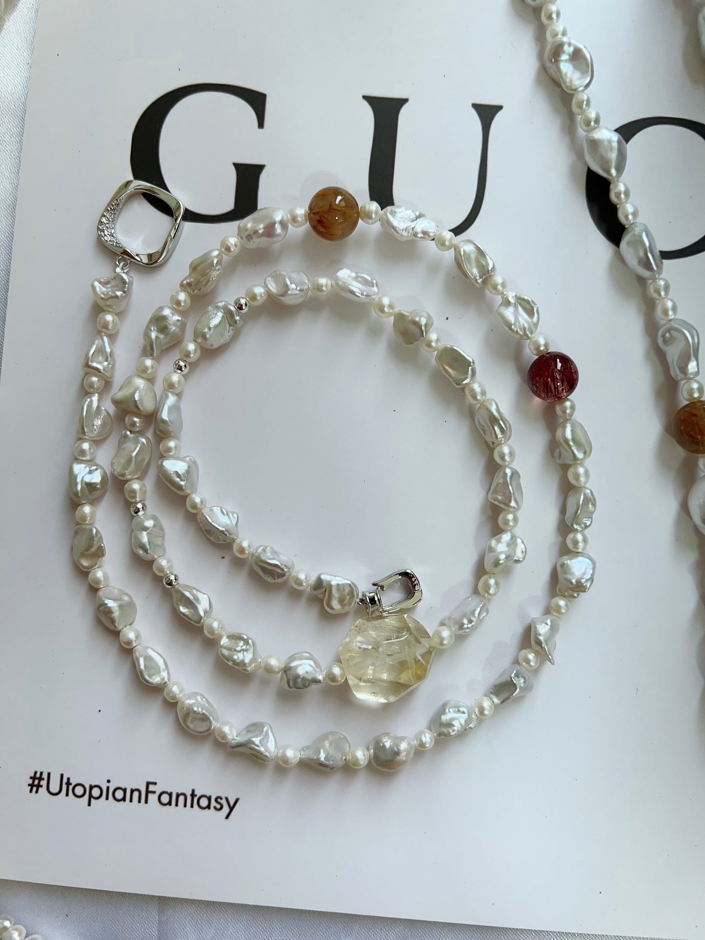 #PN1272 Freshwater pearl necklace silver stone irregular pearls silver lustre red rutile citrine freeform hematoid freeform 48cm 57cm