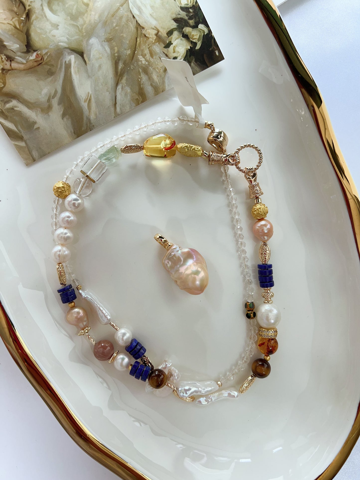#PN1263 Freshwater pearl necklace 65cm amber fluorite detachable pendant fishtail baroque pearl lapis lazuli