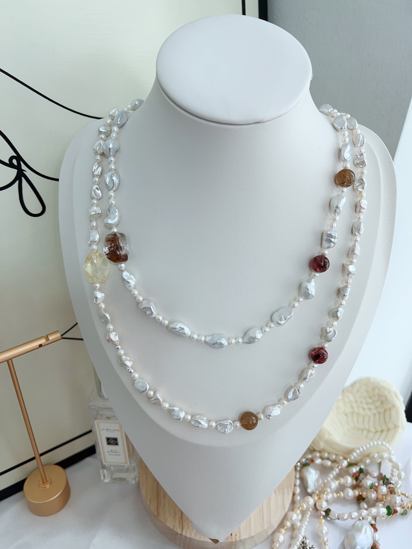 #PN1272 Freshwater pearl necklace silver stone irregular pearls silver lustre red rutile citrine freeform hematoid freeform 48cm 57cm