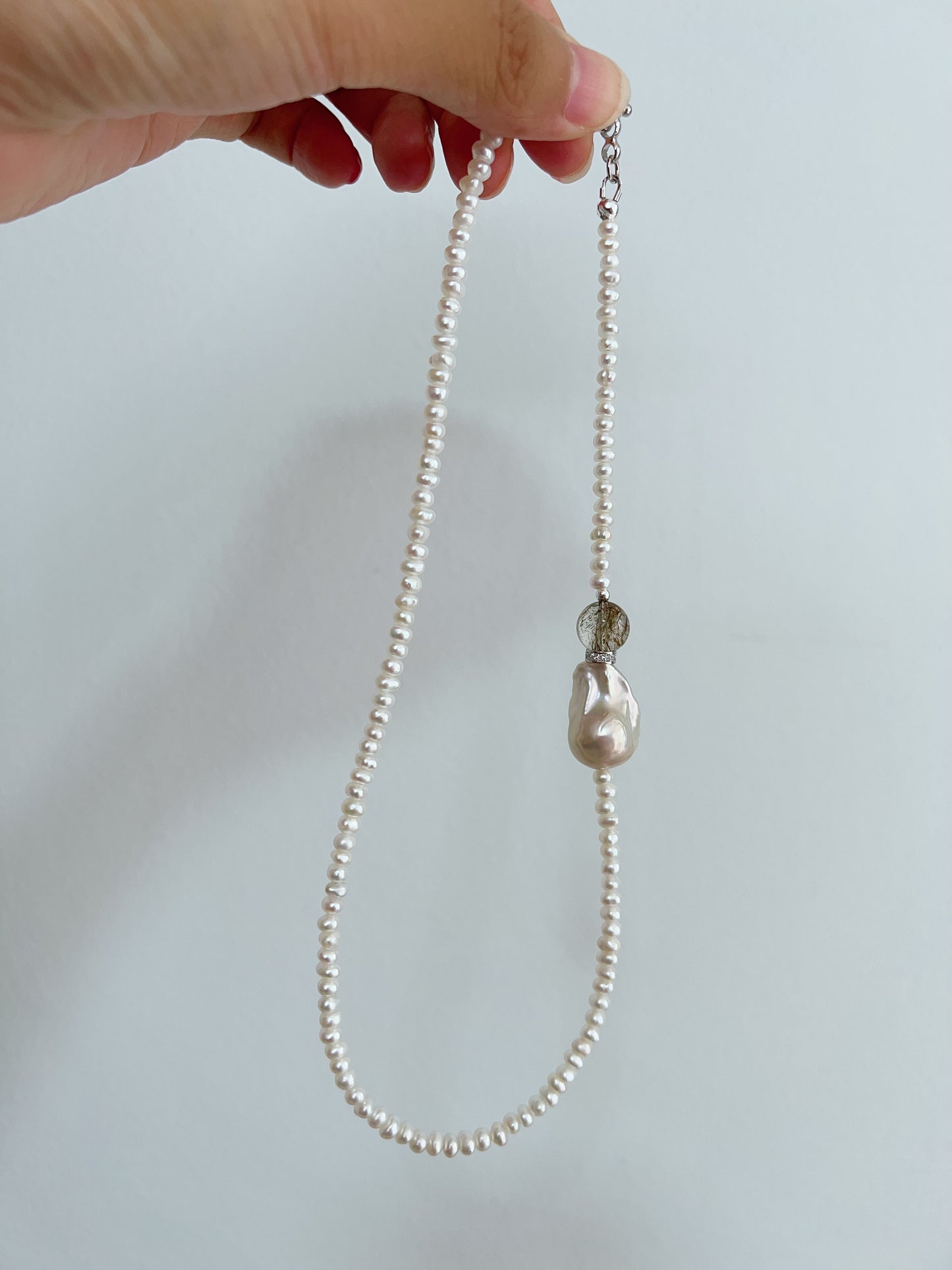 #PN1274 Freshwater pearl necklace high clarity green rutile cold lustre fishtail baroque pearl baby pearl excellent lustre