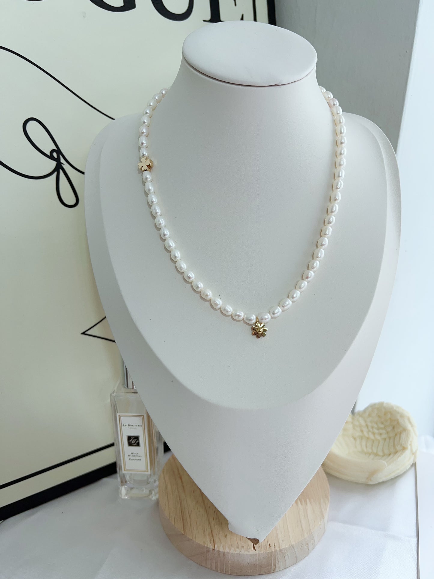 #PN1282 Freshwater pearl necklace & bracelet set rice shaped baroque pearl daisy pendant flower charm simple and elegant