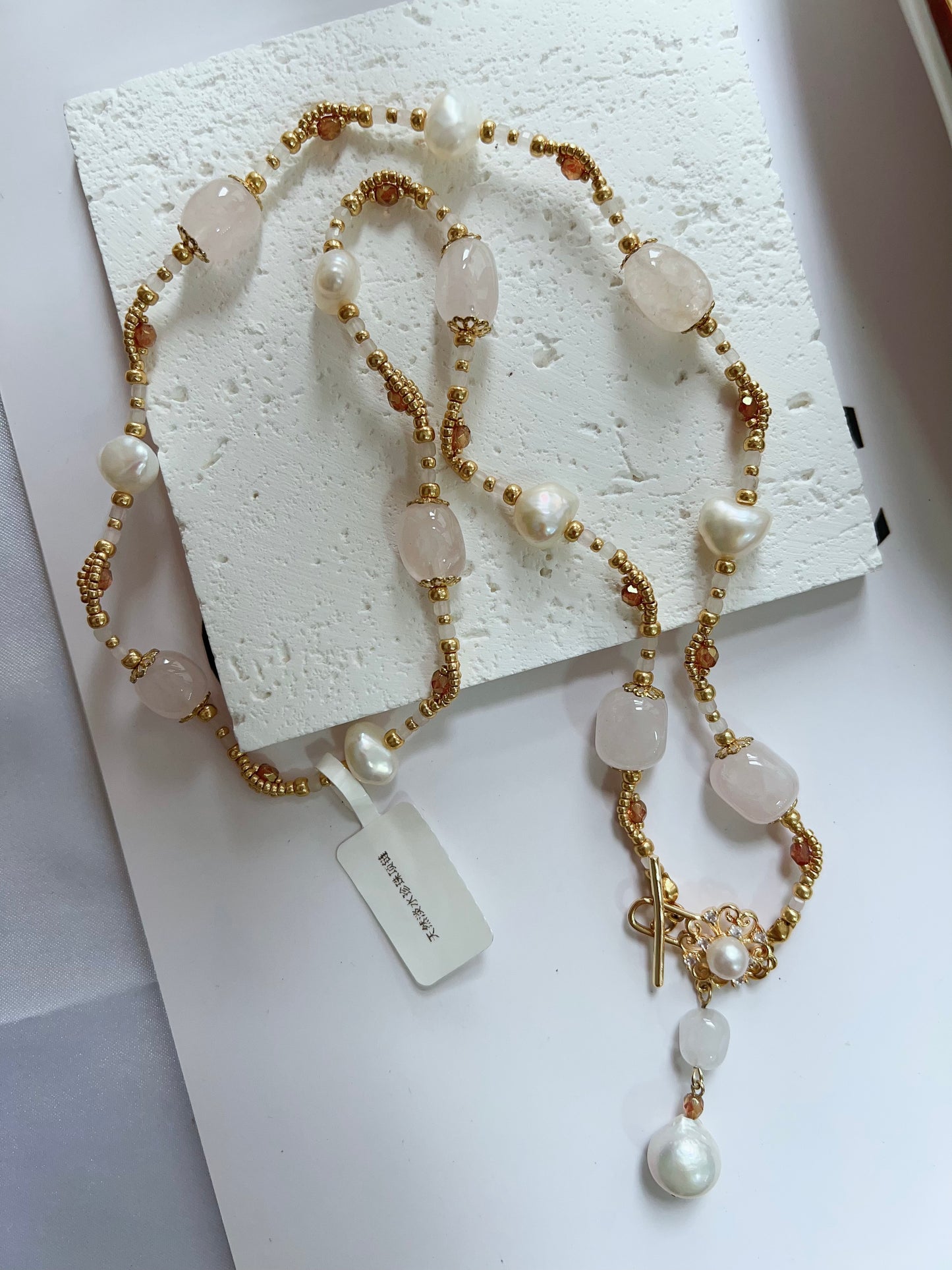 #PN1253 Freshwater Pearl Necklace 57cm rose quartz heart shaped baroque pearl long pendant necklace