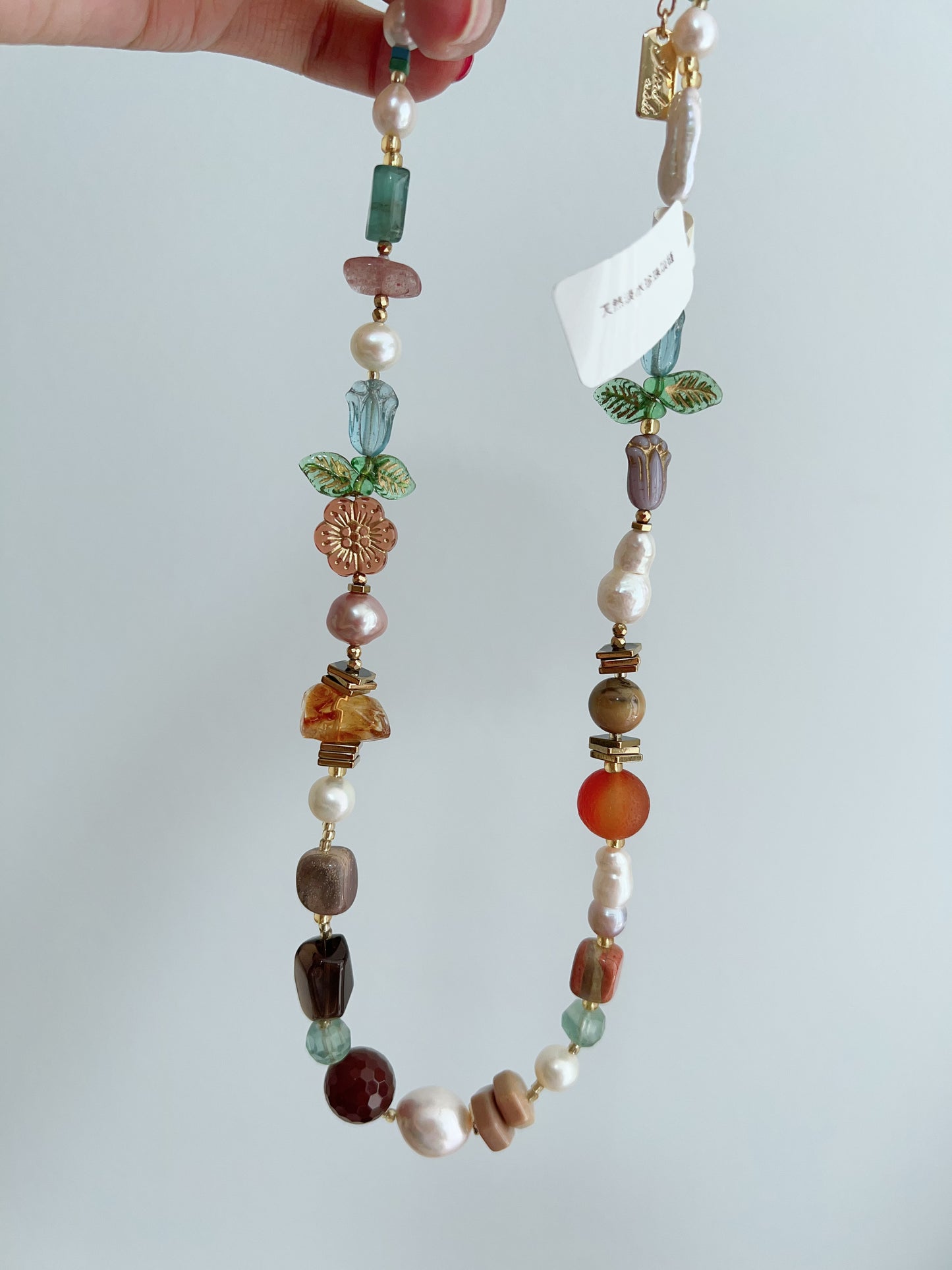 #PN1262 Freshwater pearl necklace agate fluorite citrine flower & leaf design colorful 43+5cm