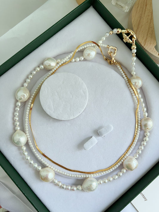 #PN1280 Freshwater pearl necklace set 3 pieces set baby pearl big white wrinkled baroque chain necklace