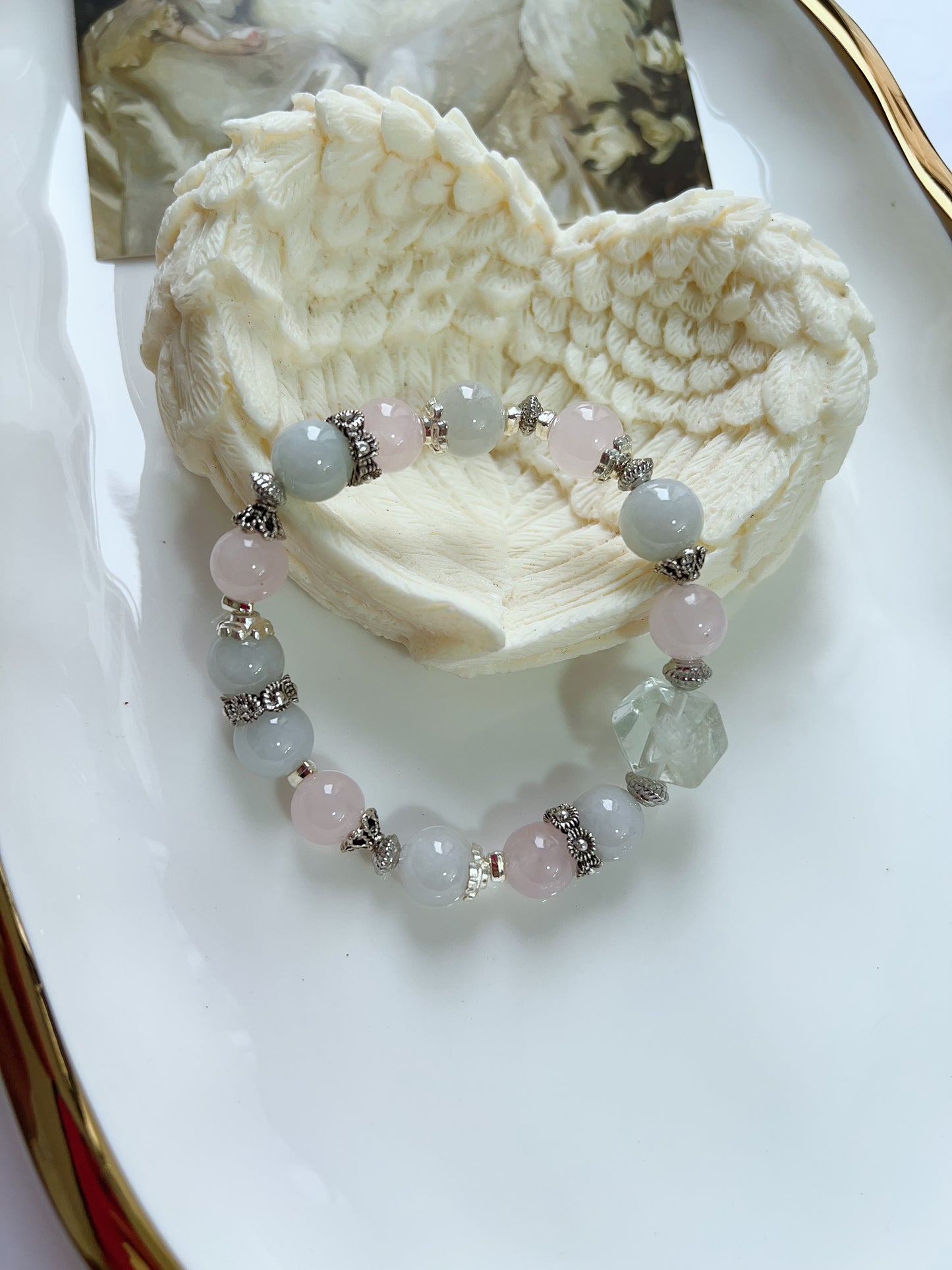 #B17 Crystal Bracelet Blue Calcite Rose Quartz Jadeite Flower Agate Barrel Green Quartz Freeform