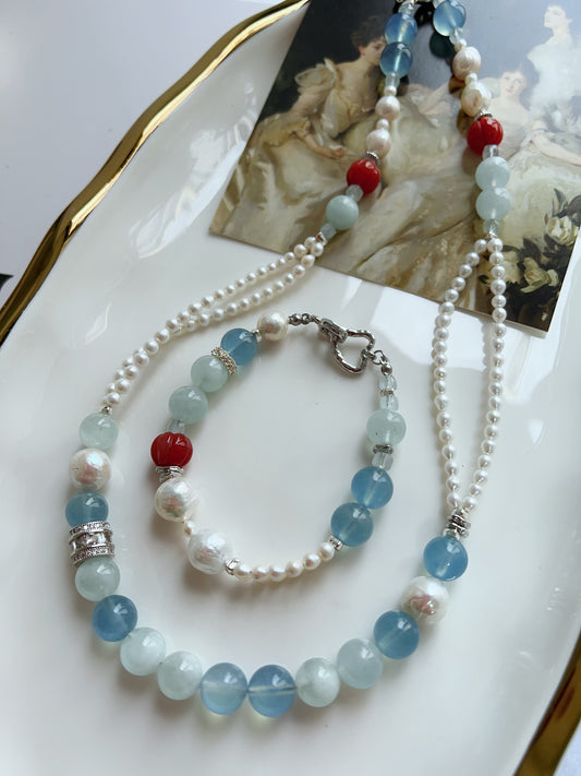 #PN1283 Freshwater pearl necklace & bracelet set top quality aquamarine gradient color Jinsi jade double-layered baby pearl