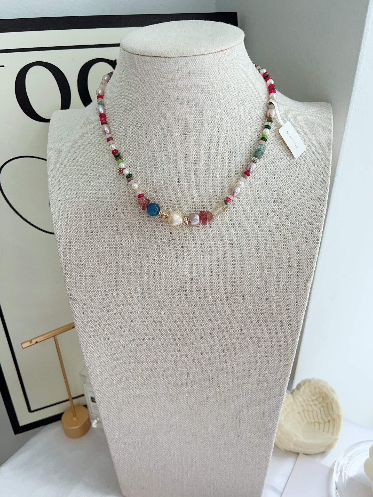 #PN1255 Freshwater pearl necklace 40+5cm Blue Apatite tourmaline citrine strawberry quartz
