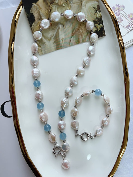 #PN1248 Freshwater Pearl Necklace & Bracelet Set Top tier Aquamarine Coin baroque pearls pendant Lustrous 48cm