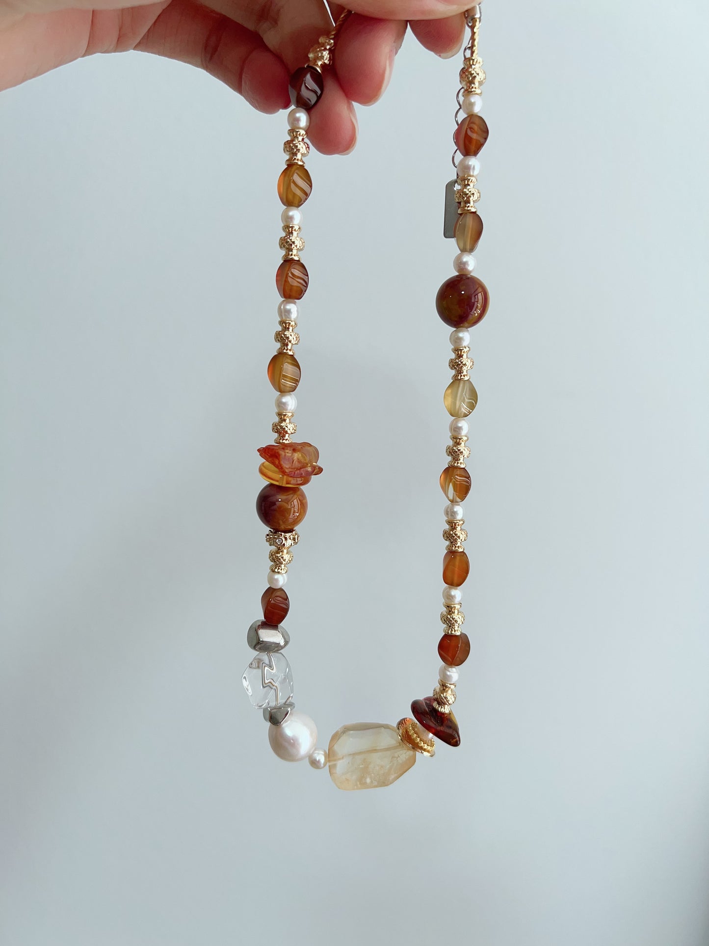 #PN1261 Freshwater pearl necklace agate citrine freeform beeswax lustrous baroque 37+5cm