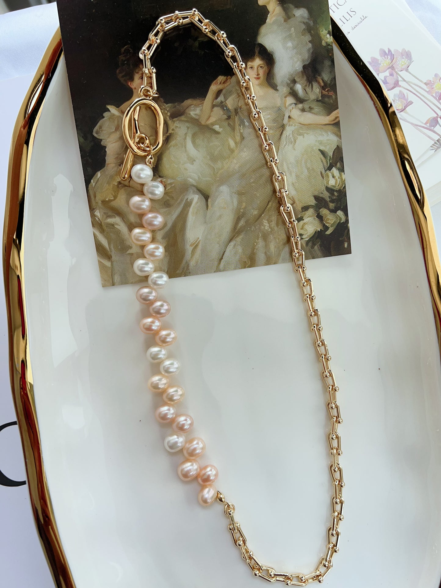 #PN1275 Freshwater pearl necklace lace pattern lustrous half chain half pearl design upfront clasp