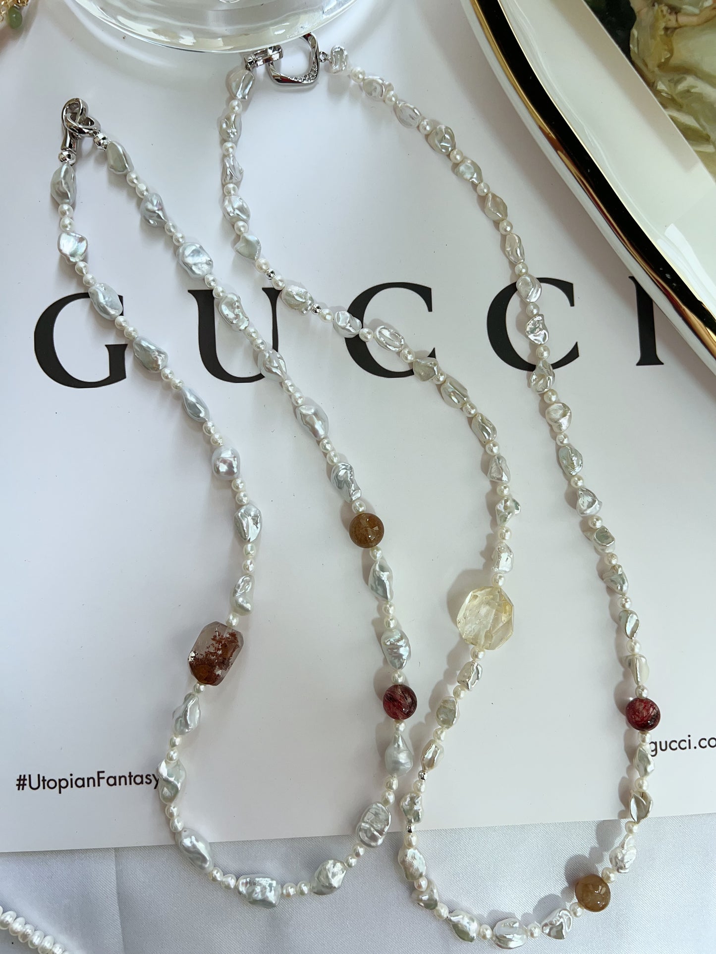 #PN1272 Freshwater pearl necklace silver stone irregular pearls silver lustre red rutile citrine freeform hematoid freeform 48cm 57cm