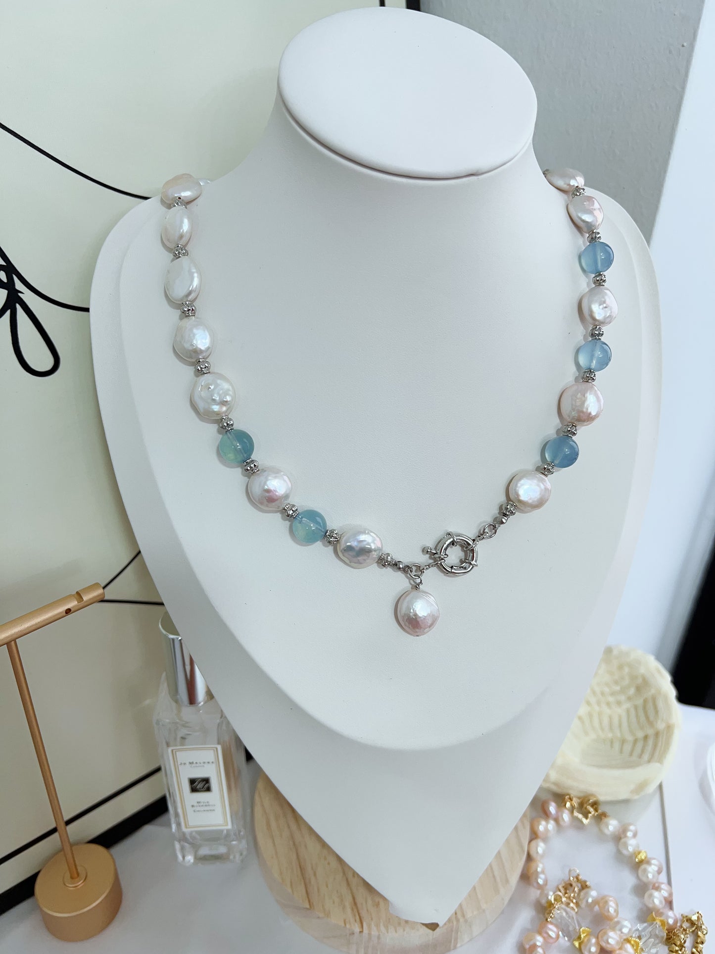 #PN1248 Freshwater Pearl Necklace & Bracelet Set Top tier Aquamarine Coin baroque pearls pendant Lustrous 48cm