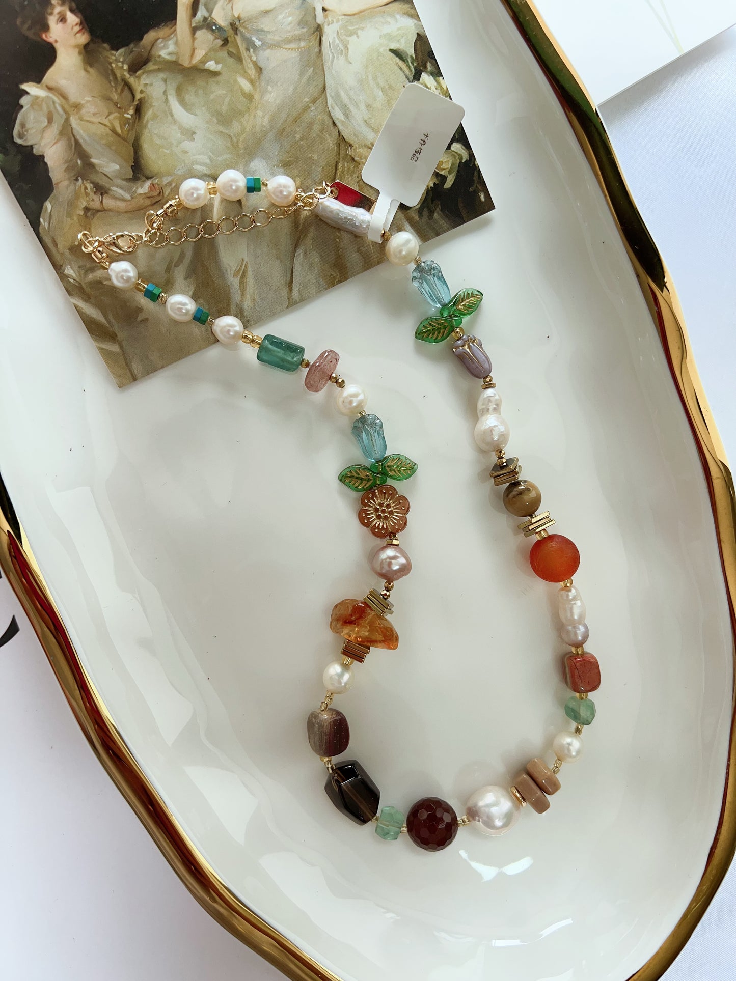 #PN1262 Freshwater pearl necklace agate fluorite citrine flower & leaf design colorful 43+5cm