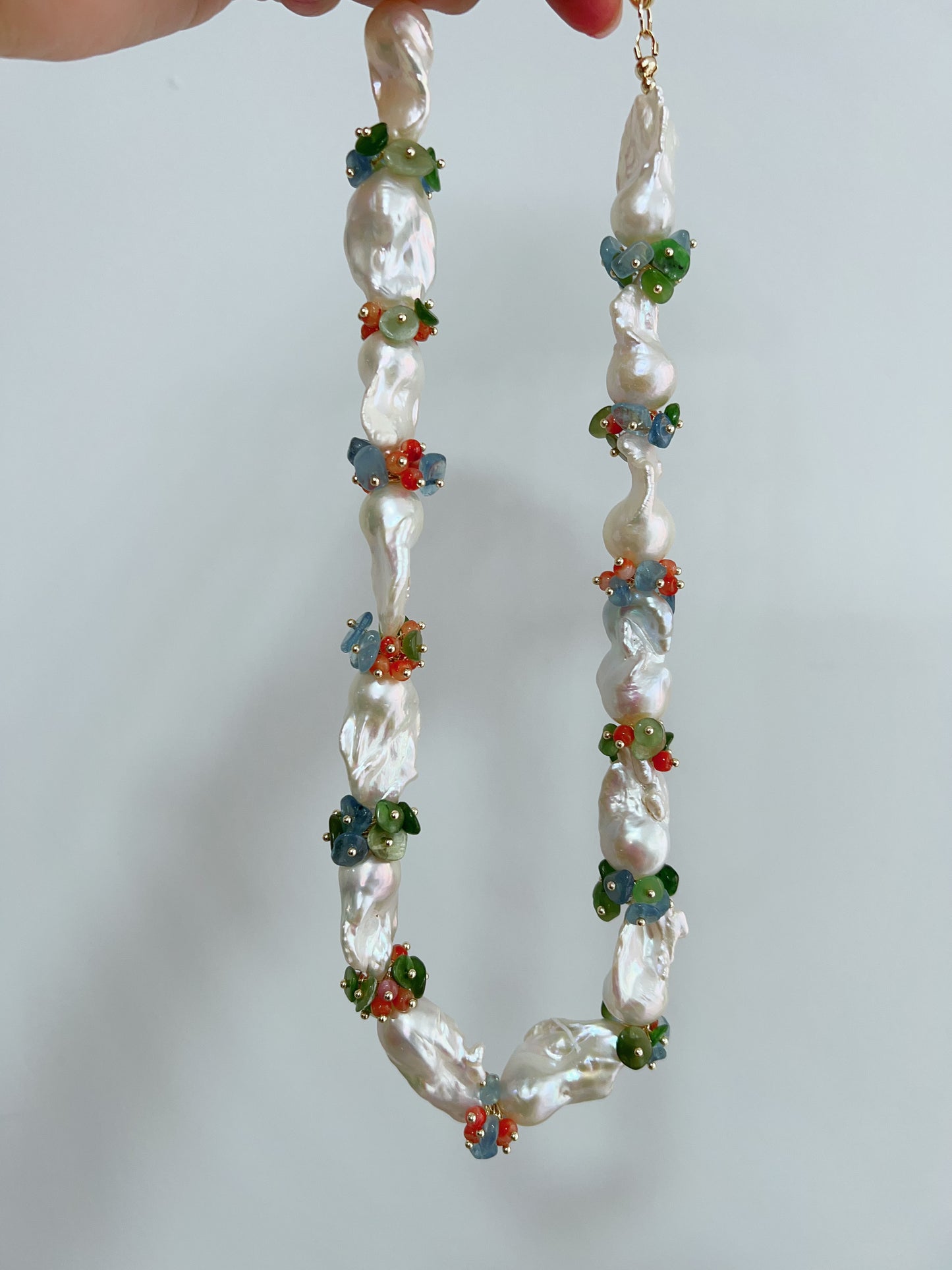 #PN1247 [Floral Series] Freshwater Pearl Necklace & Earrings Set big blue-ish Fishtail Baroque Pearl Aventurine Aquamarine peach Agate flower petals high quality one of a kind