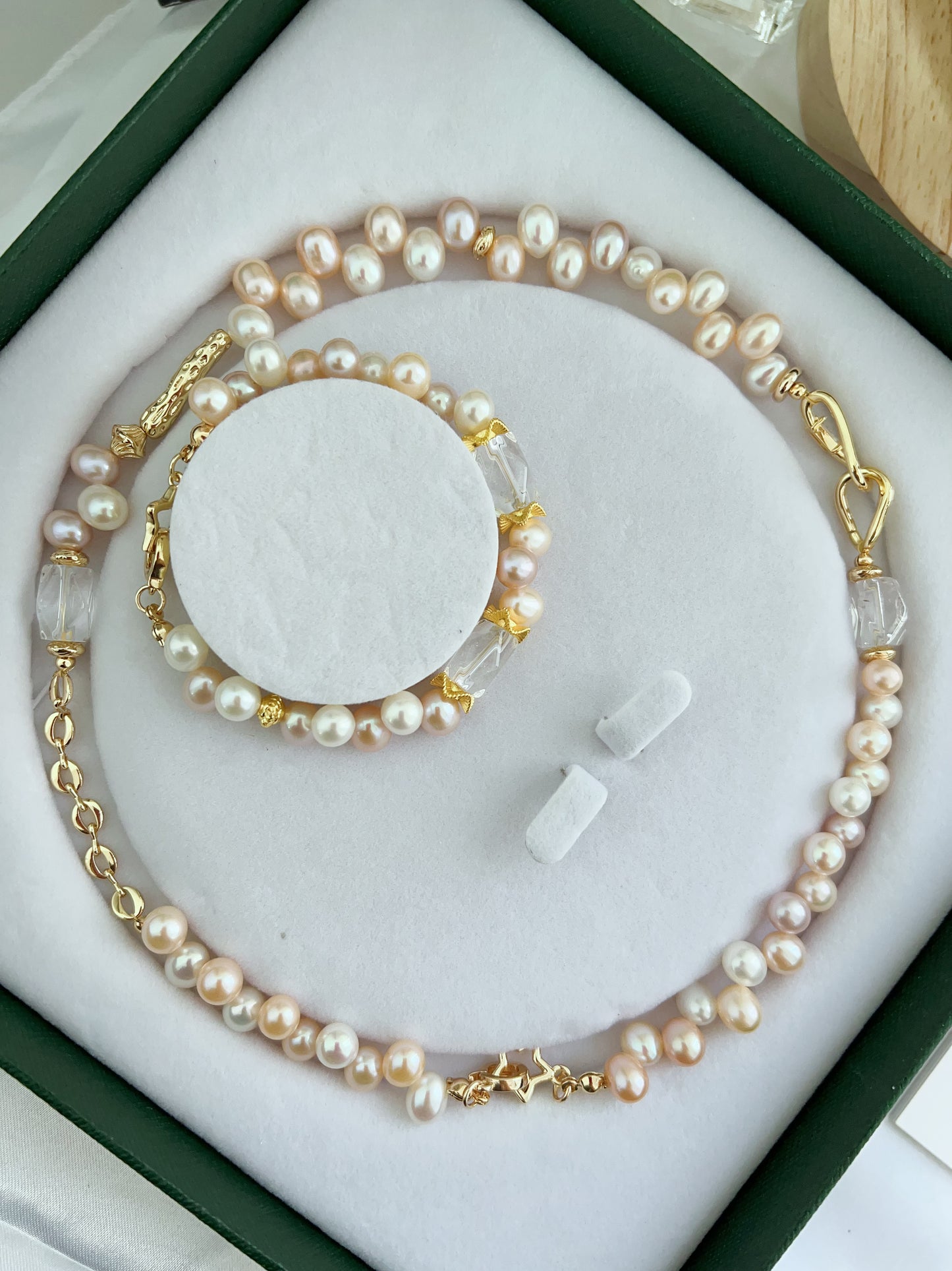 #PN1246 Freshwater Pearl Necklace & Bracelet Set chunky Rice Pearl clear quartz Freeform lace design Lustrous mixed colors