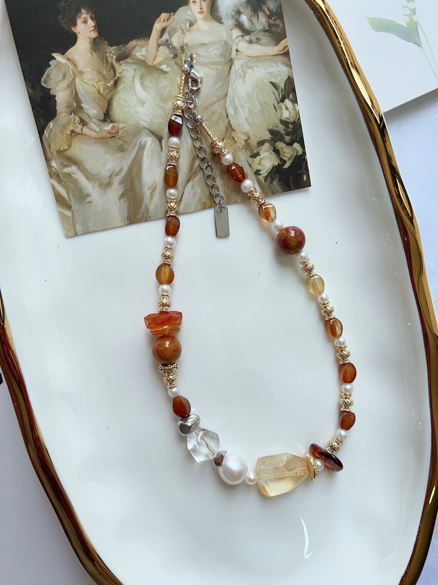 #PN1261 Freshwater pearl necklace agate citrine freeform beeswax lustrous baroque 37+5cm
