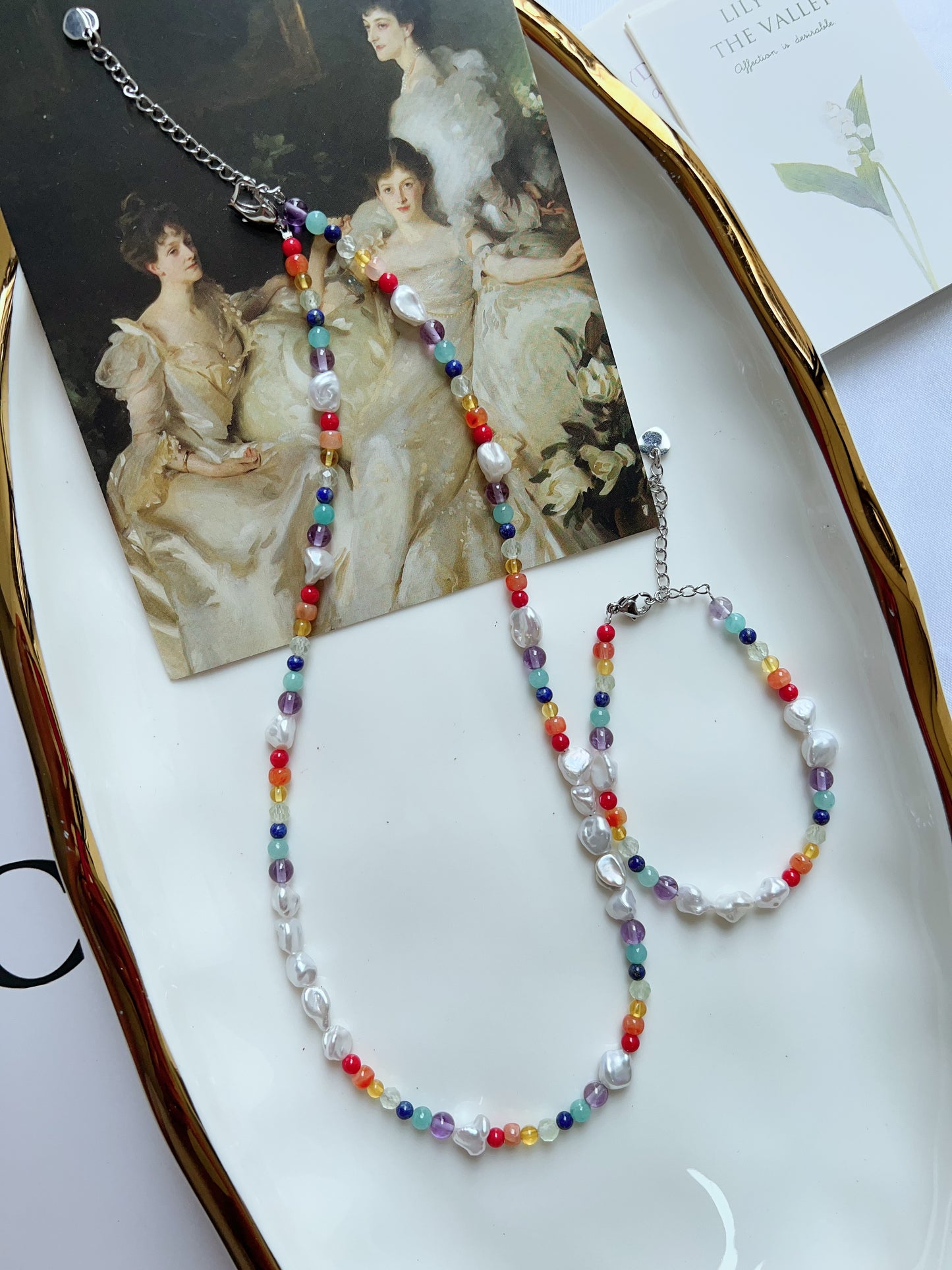 #PN1267 Freshwater pearl necklace & bracelet set rainbow design agate prehnite beeswax lapis lazuli amazonite amethyst irregular lustrous stone pearl