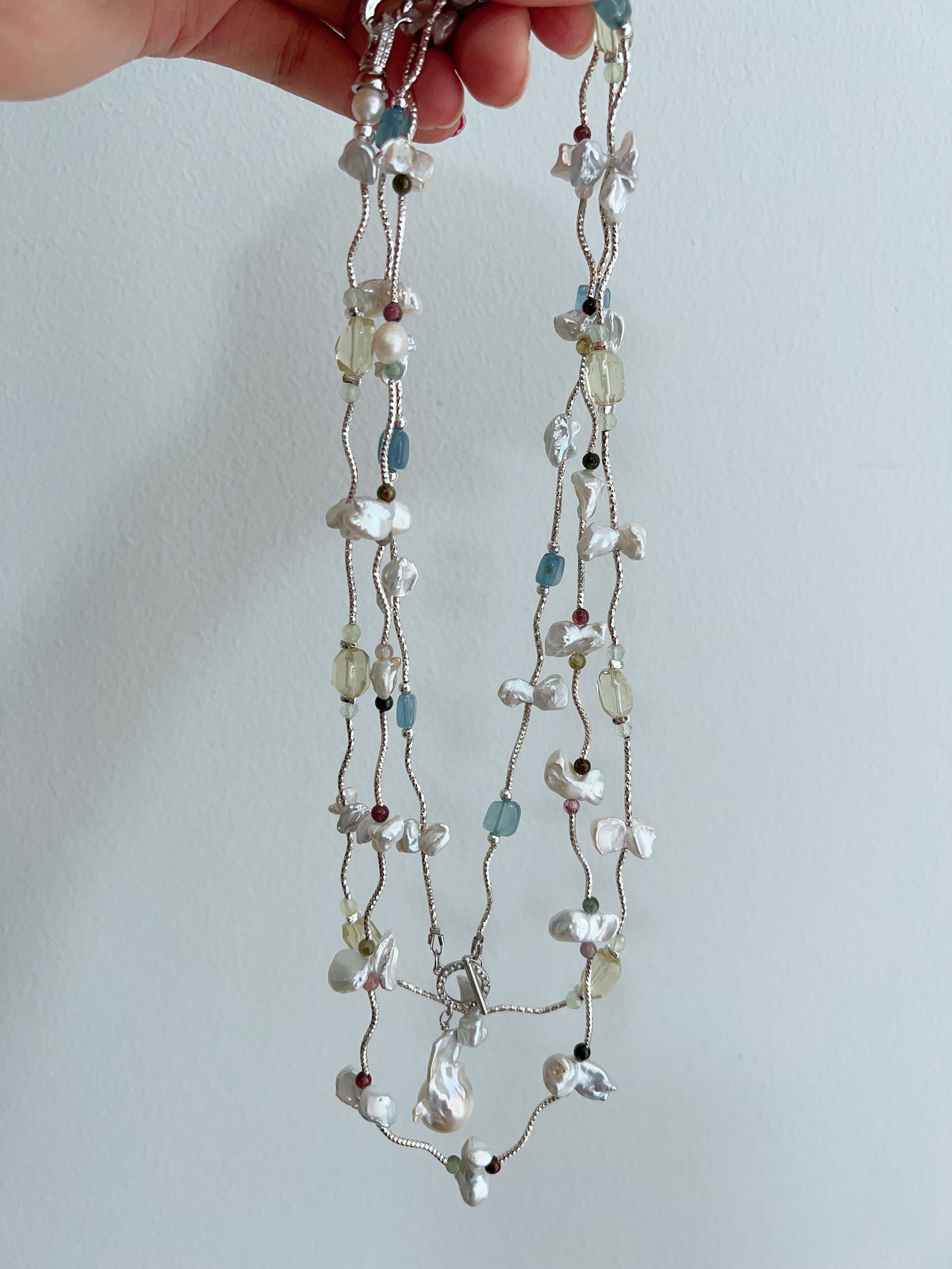 #PN1265 Freshwater Pearl Necklace citrine freeform aquamarine freeform mini tourmaline irregular butterfly baroque pearl unique design fishtail baroque pearl pendant