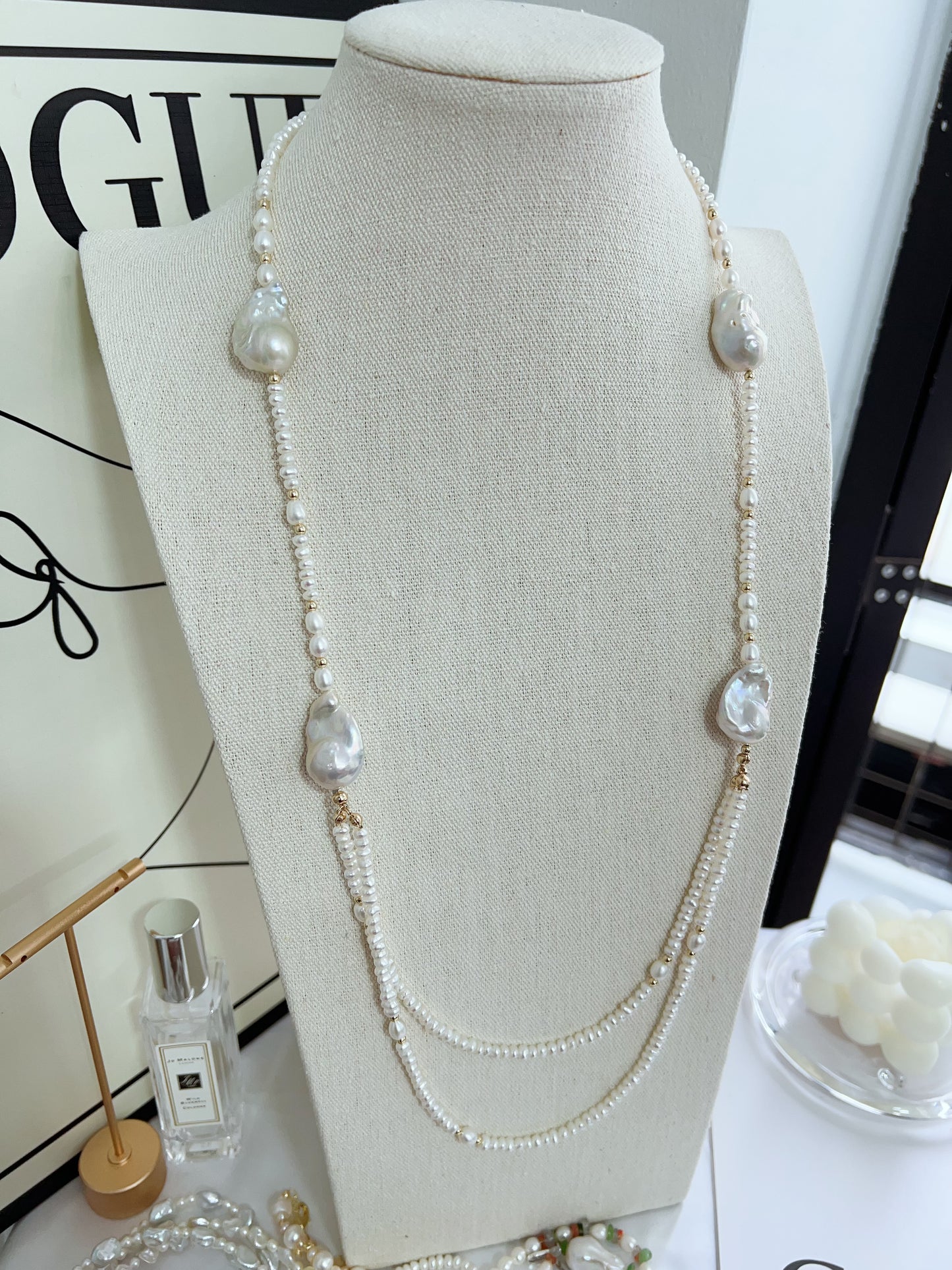 #PN1269 Freshwater pearl necklace long necklace 2-layer big fishtail baroque pearl baby pearl 76cm NO clasp