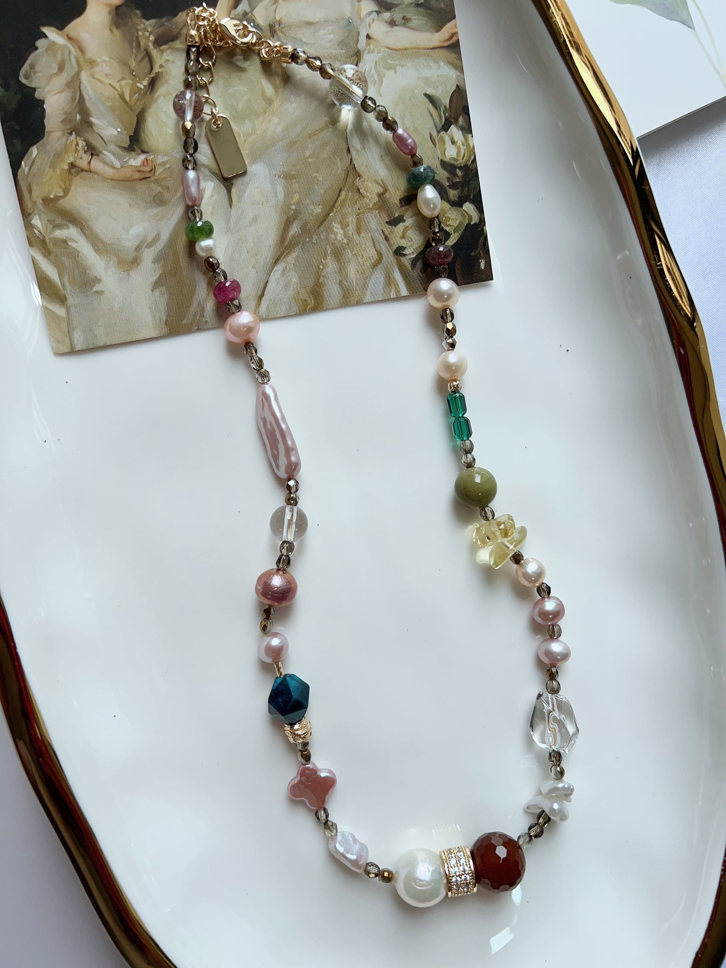 #PN1259 Freshwater pearl necklace alashan agate red agate citrine tourmaline 43+5cm clover pearl stick pearl
