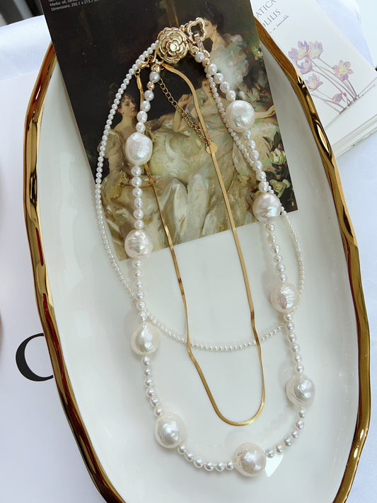 #PN1280 Freshwater pearl necklace set 3 pieces set baby pearl big white wrinkled baroque chain necklace