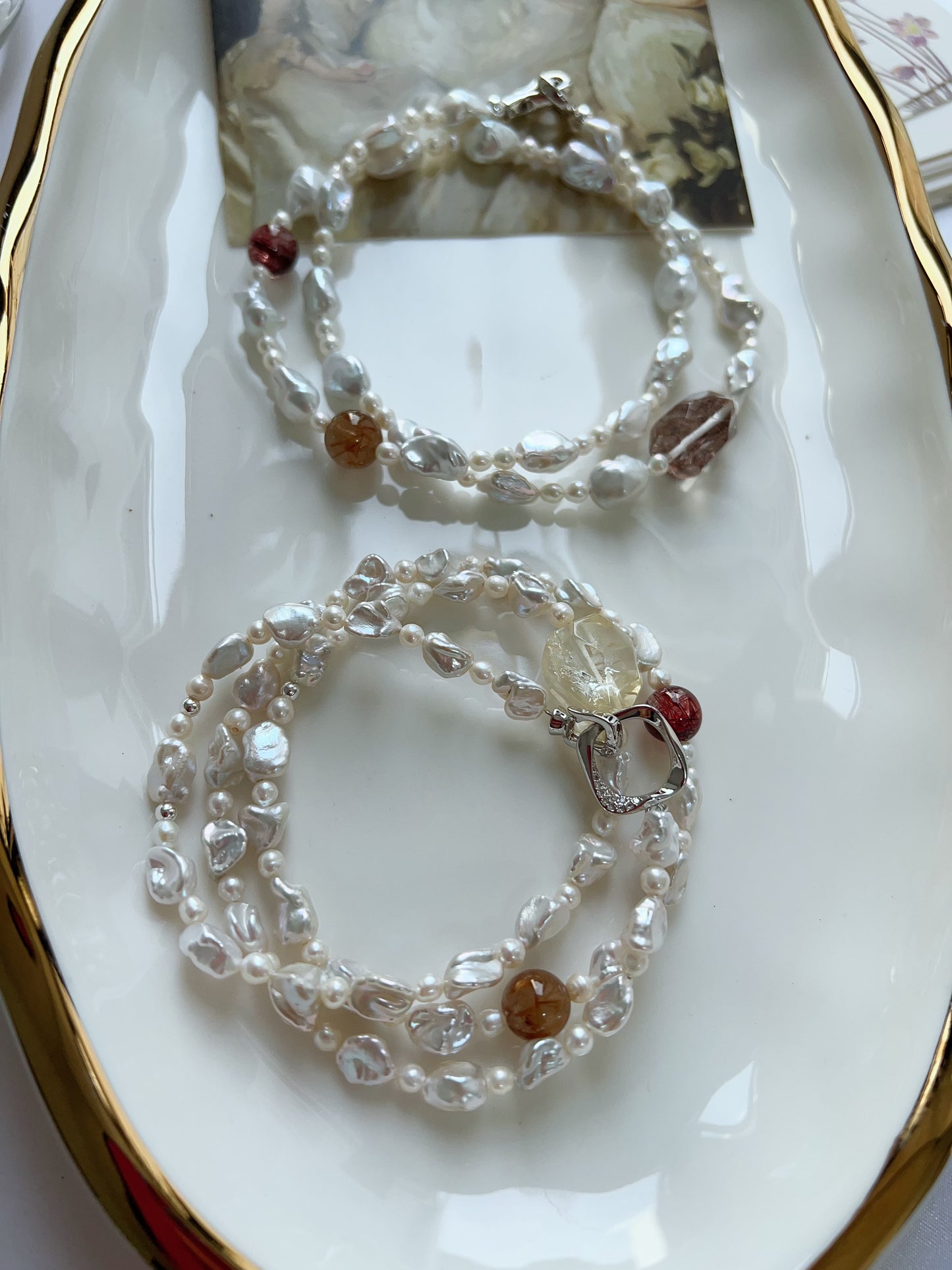 #PN1272 Freshwater pearl necklace silver stone irregular pearls silver lustre red rutile citrine freeform hematoid freeform 48cm 57cm