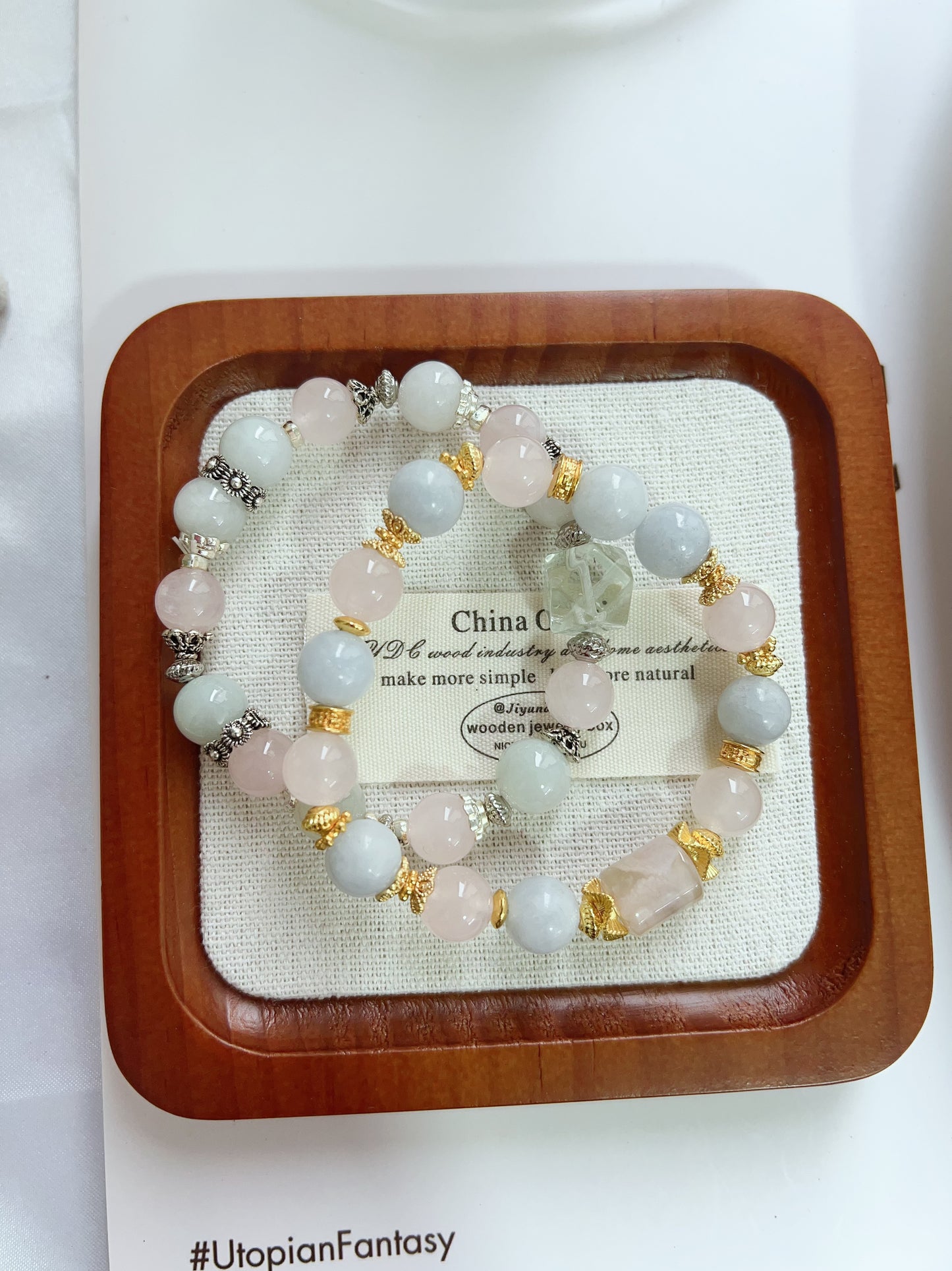 #B17 Crystal Bracelet Blue Calcite Rose Quartz Jadeite Flower Agate Barrel Green Quartz Freeform