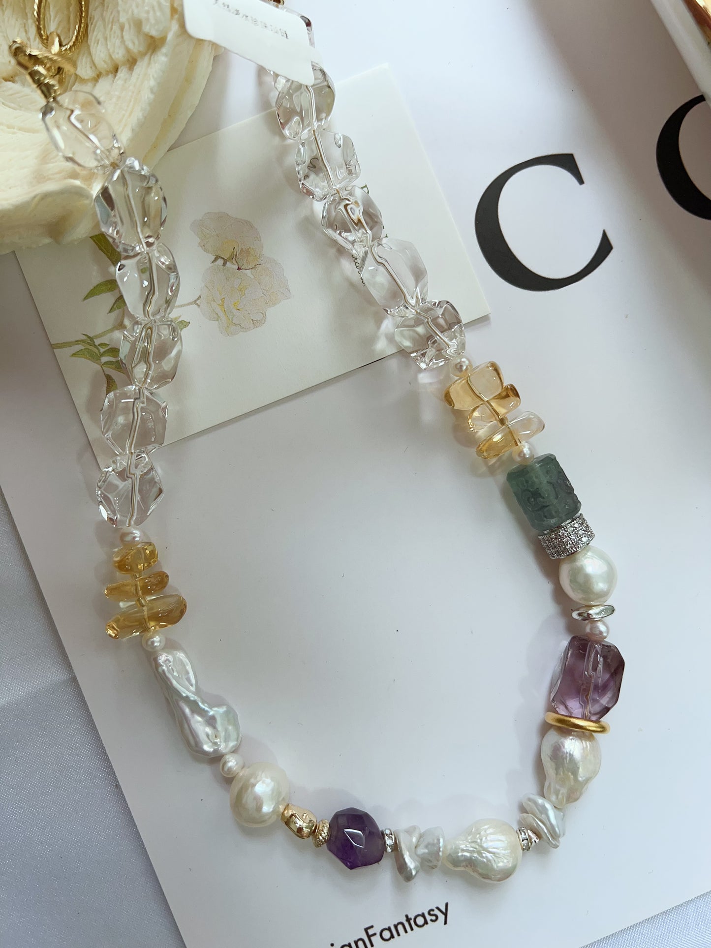 #PN1257 Freshwater pearl necklace 38+12cm clear quartz freeform carved fluorite amethyst irregular baroque