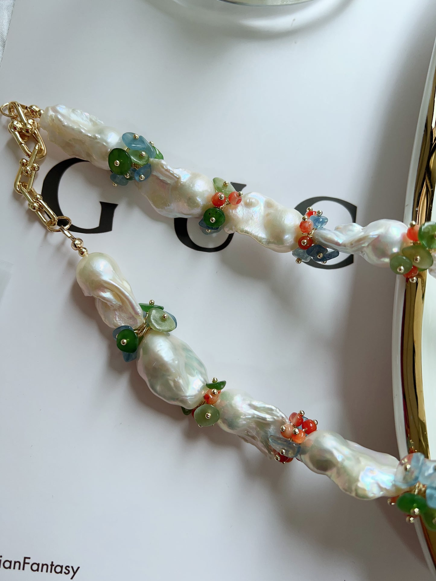 #PN1247 [Floral Series] Freshwater Pearl Necklace & Earrings Set big blue-ish Fishtail Baroque Pearl Aventurine Aquamarine peach Agate flower petals high quality one of a kind