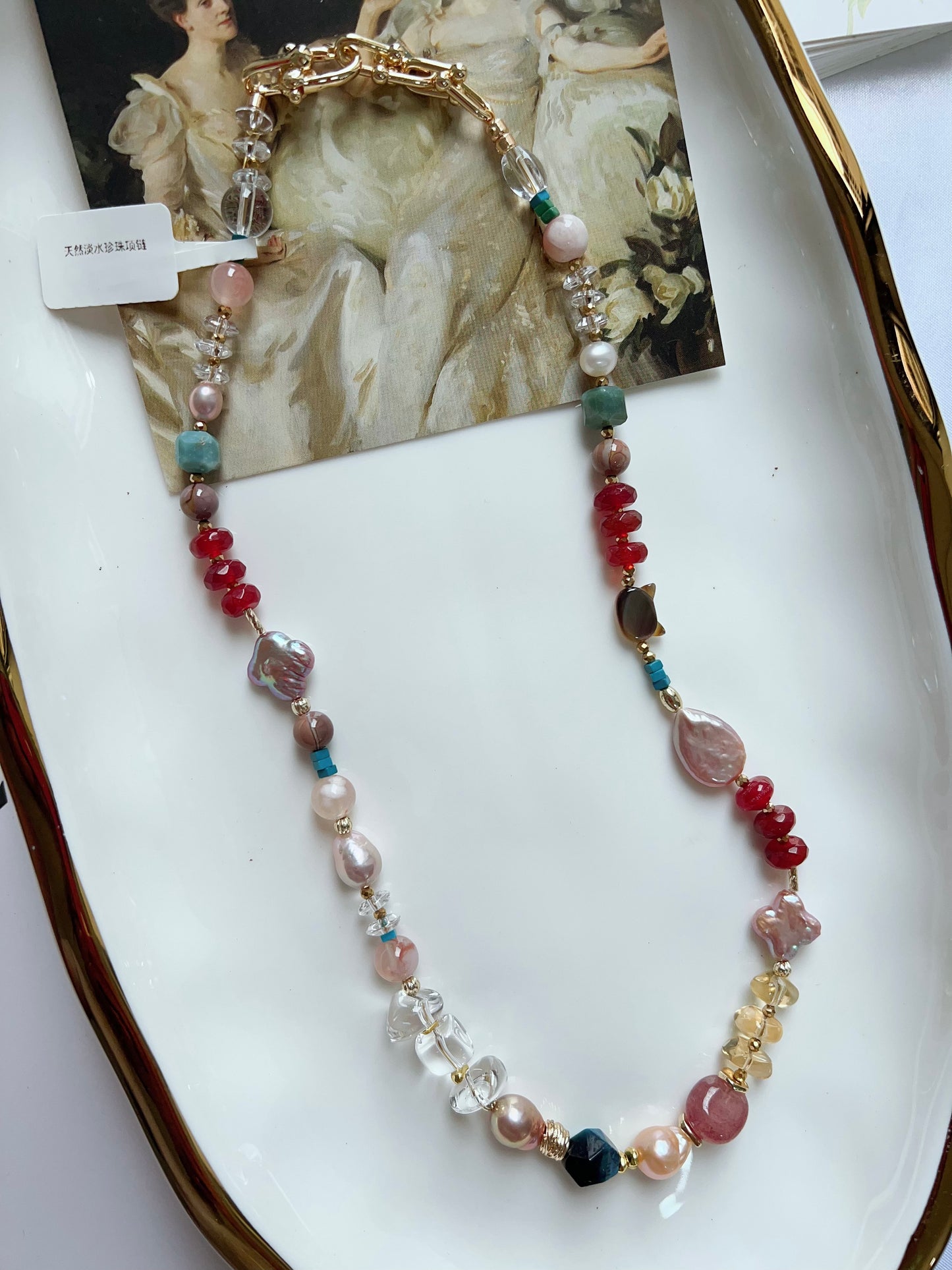 #PN1254 Freshwater Pearl Necklace 42+3cm agate abacus tear-drop pearl clover baroque clear quartz freeform citrine