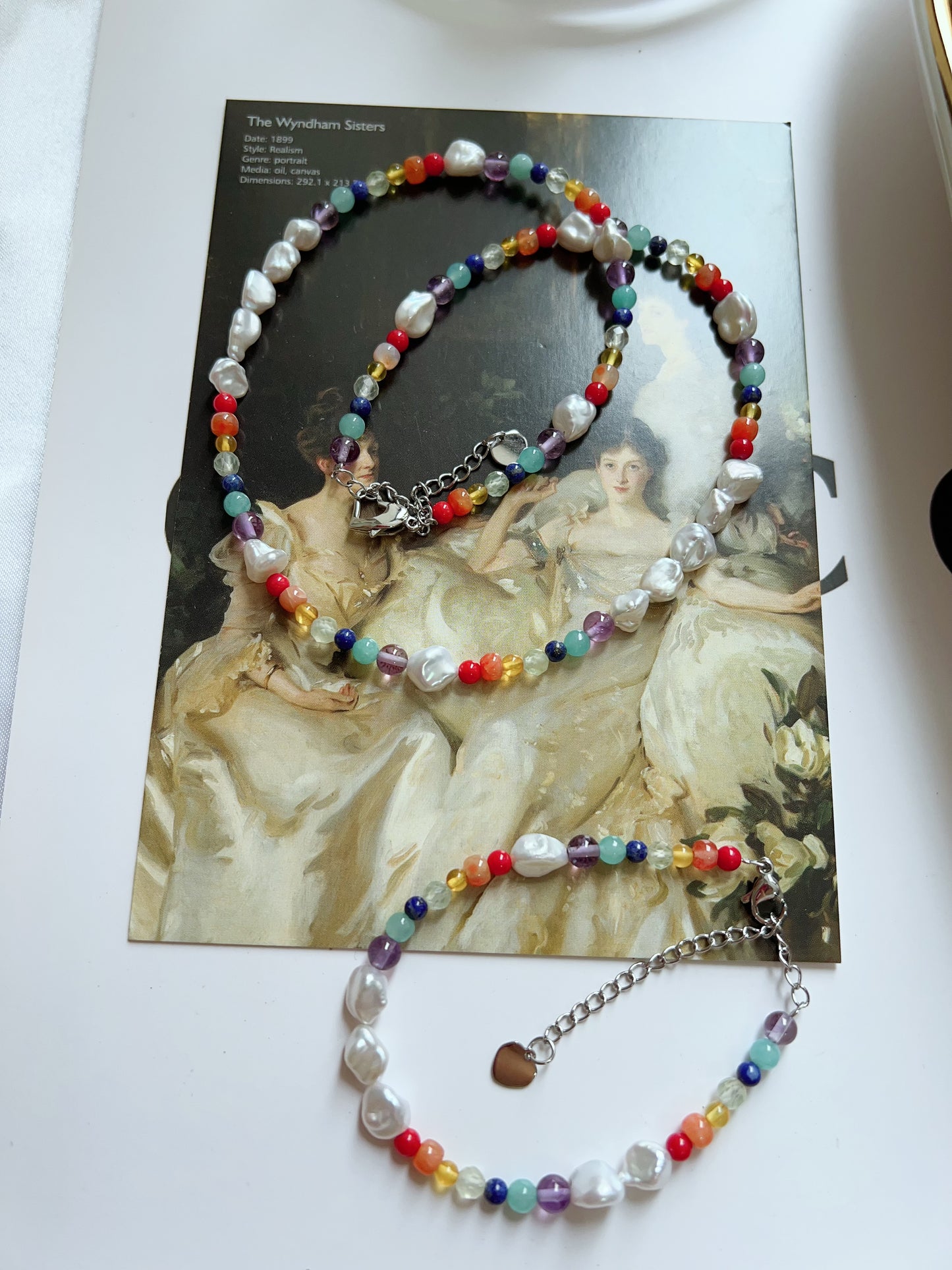 #PN1267 Freshwater pearl necklace & bracelet set rainbow design agate prehnite beeswax lapis lazuli amazonite amethyst irregular lustrous stone pearl