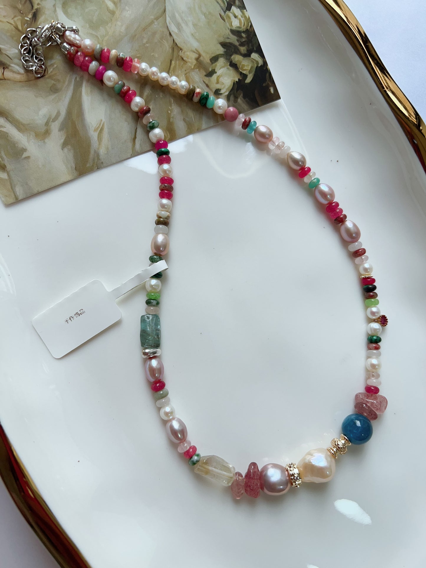 #PN1255 Freshwater pearl necklace 40+5cm Blue Apatite tourmaline citrine strawberry quartz