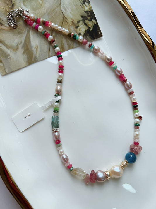 #PN1255 Freshwater pearl necklace 40+5cm Blue Apatite tourmaline citrine strawberry quartz