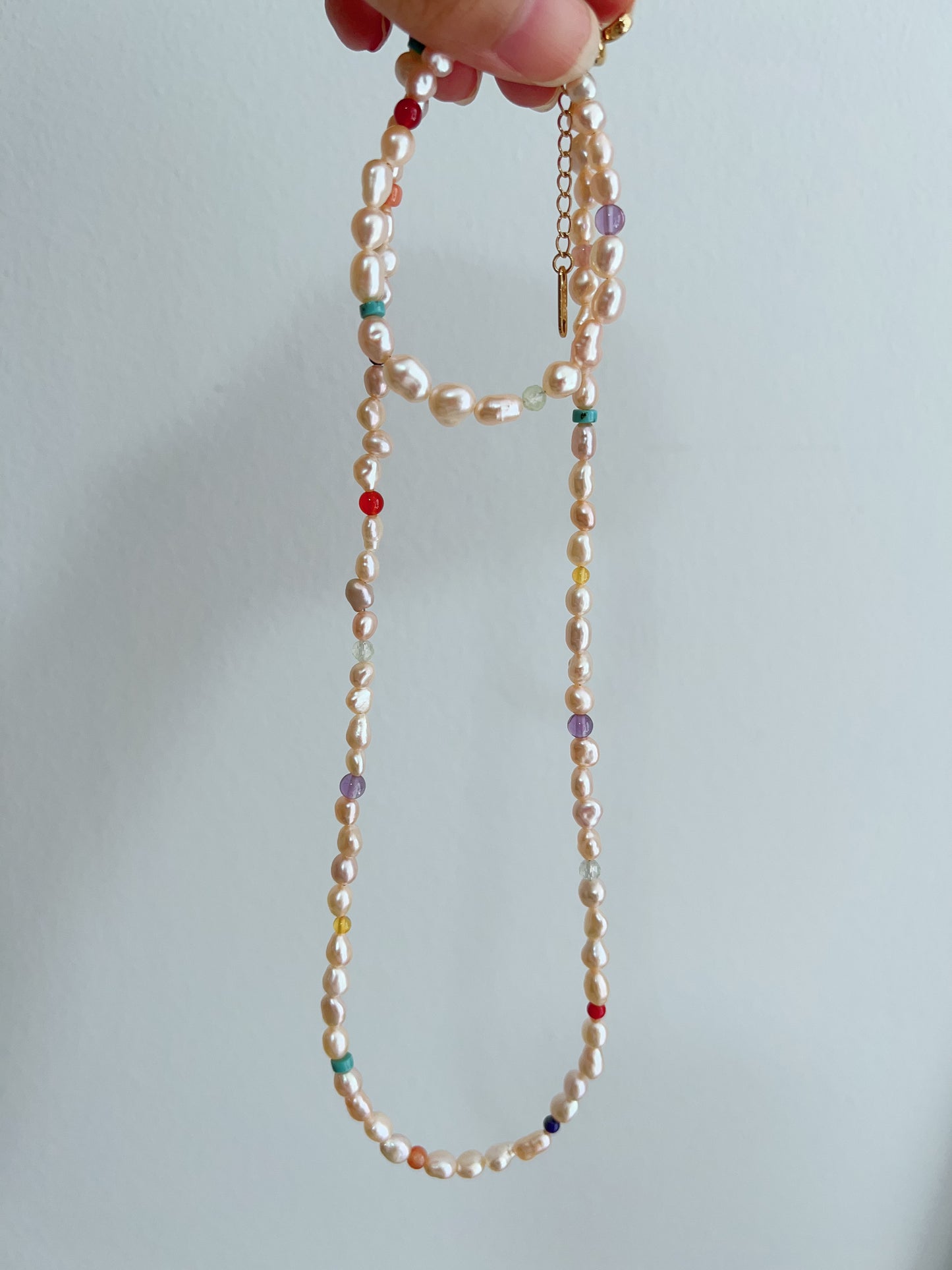 #PN1266 Freshwater Pearl Necklace & Bracelet Set champagne golden pearl rainbow natural stones agate amazonite lapis lazuli prehnite small beads